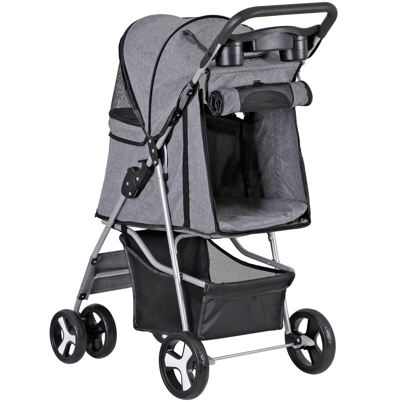 Foldable Carrier Strolling Cart 4 Wheel Pet Stroller for Dog w/ Cup Holder Gray