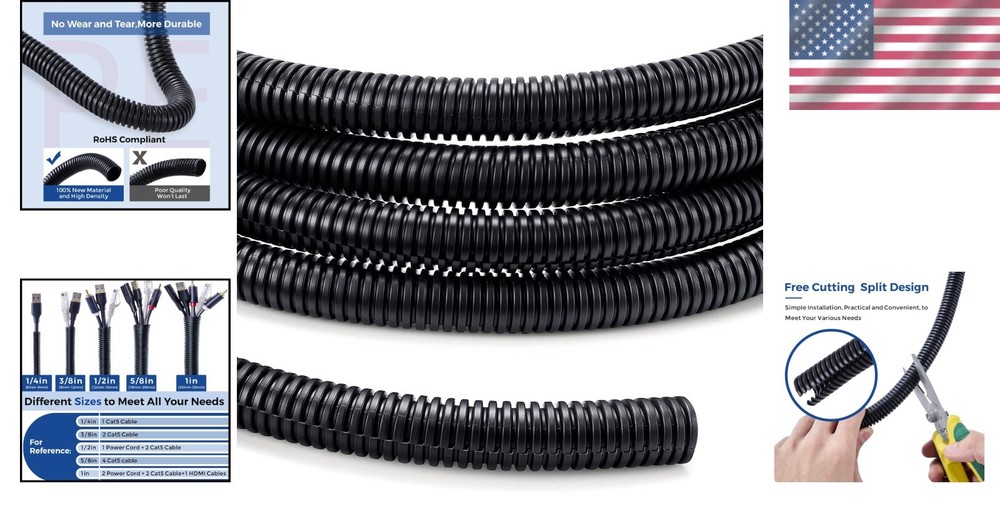 Compact 10ft Black Wire Conduit - Split Design for Easy Cable Management