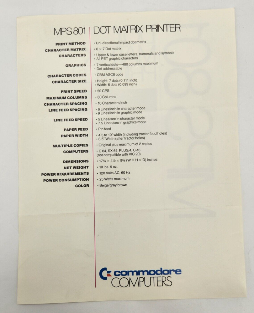 Commodore MPS801 Dot Matrix printer Sales Specifications sheet Vintage ad