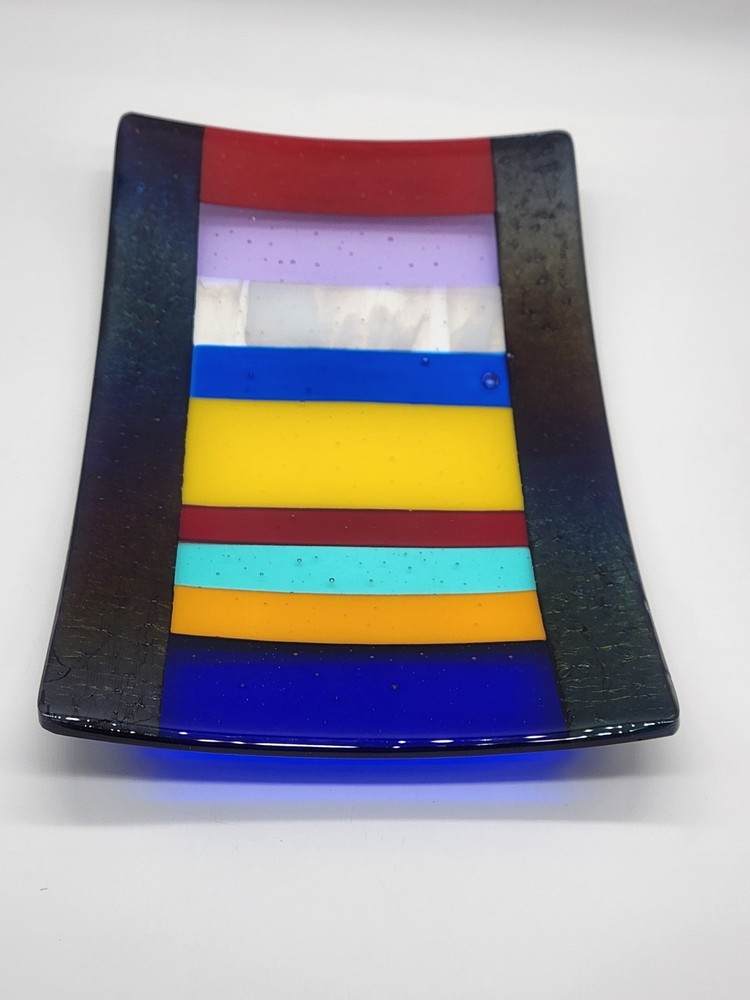 Hand Crafted Fused Art Glass Tray Dichroic Multicolor Striped Rectangular Decor