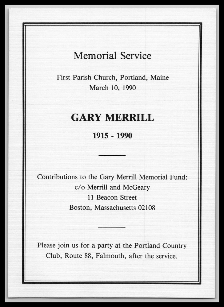 Gary Merrill - Actor - Memorial Service - 1990