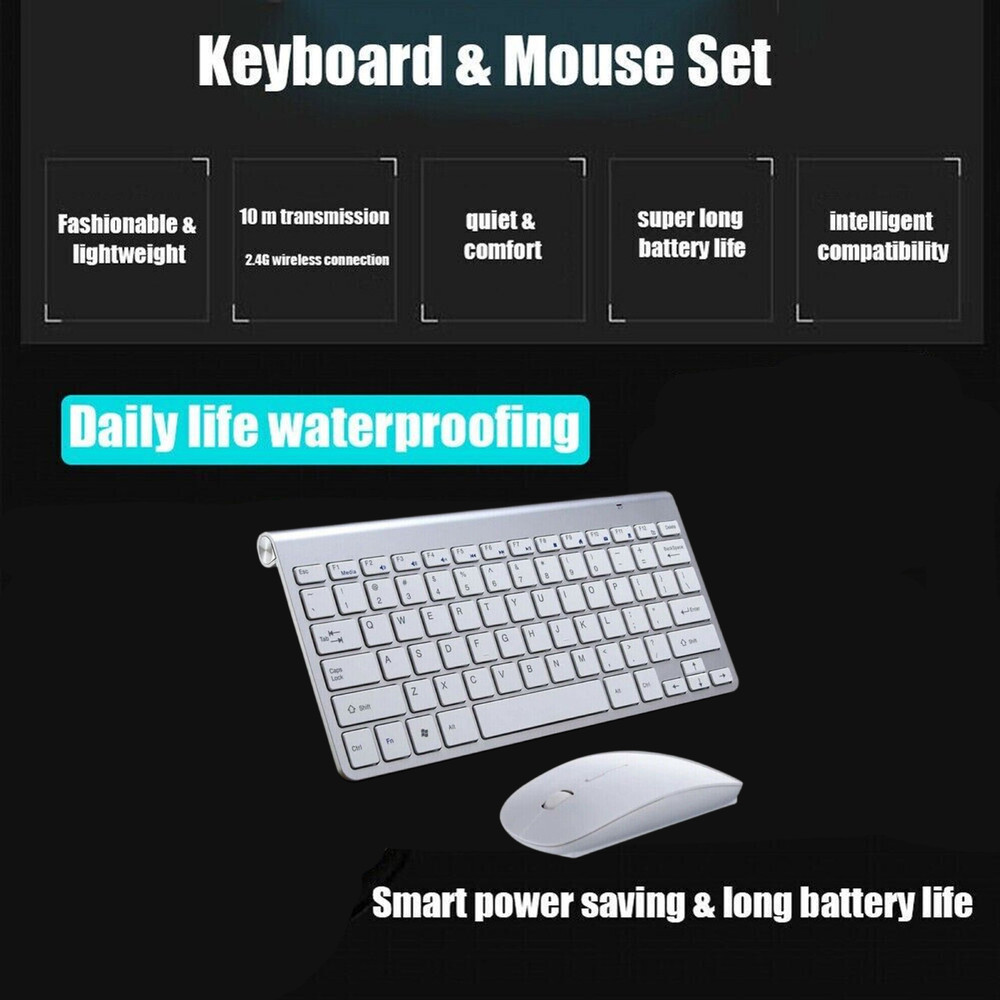 Mini Wireless Keyboard Mouse Set Silver 2.4G Waterproof For Mac Apple PC Laptop