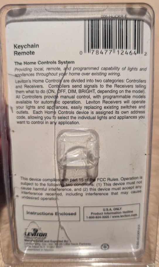 LEVITON HCCKR-E KEYCHAIN REMOTE HOME CONTROL FOR WIRELESS COMMAND TO PLUG-IN