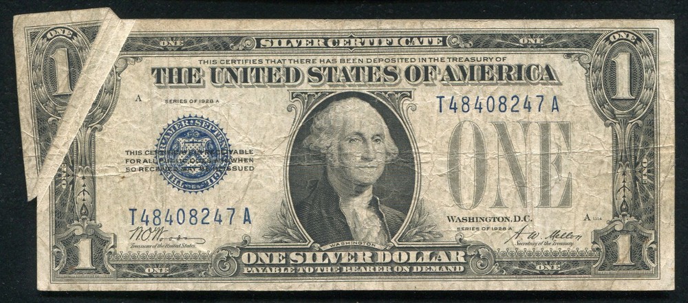 1928-A $1 ONE DOLLAR FUNNYBACK SILVER CERTIFICATE "GUTTER FOLD ERROR" RARE