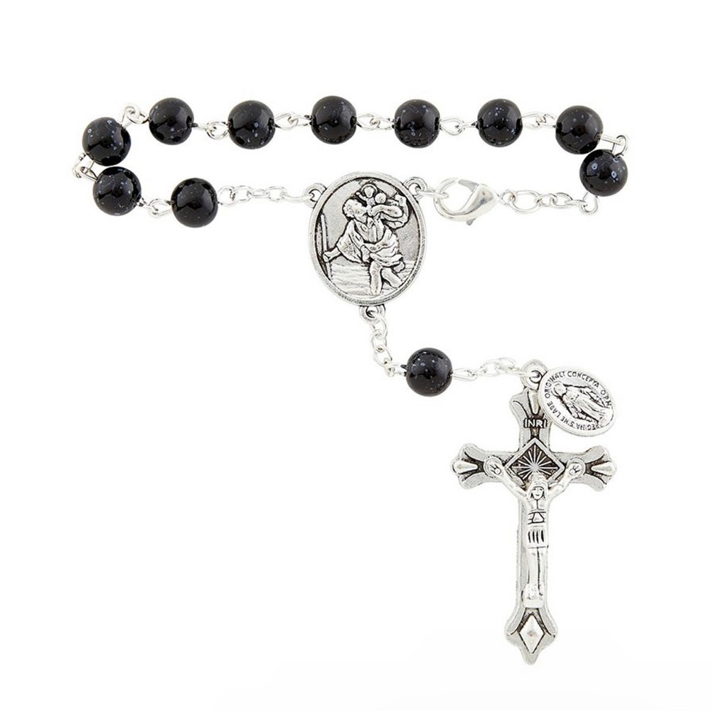 St Christopher Black Glass Rosary Car Mirror Pocket Miraculous Medal Crucifix