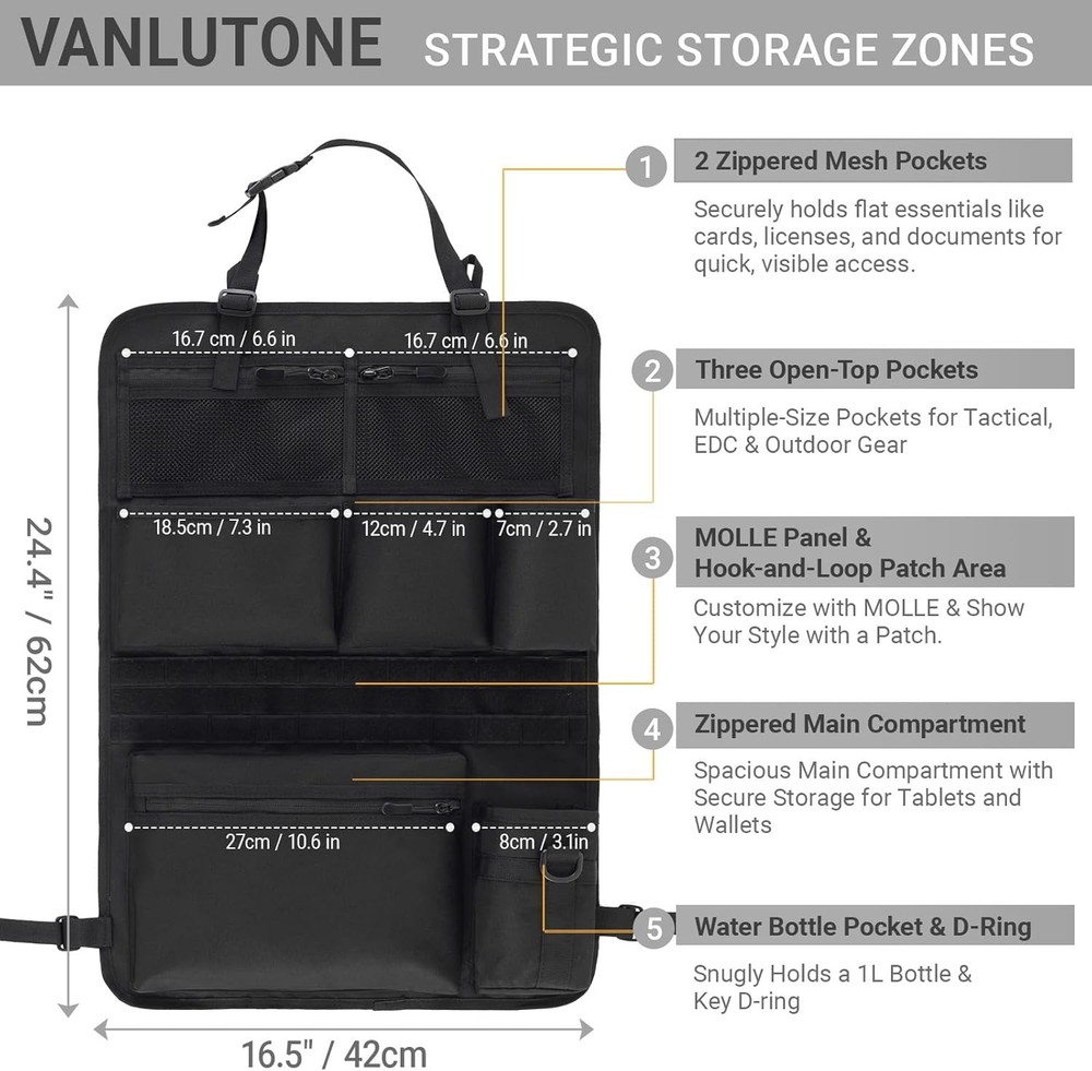 Tactical Car Seat Organizer with Multiple Pockets, MOLLE Panel System & Mesh Com