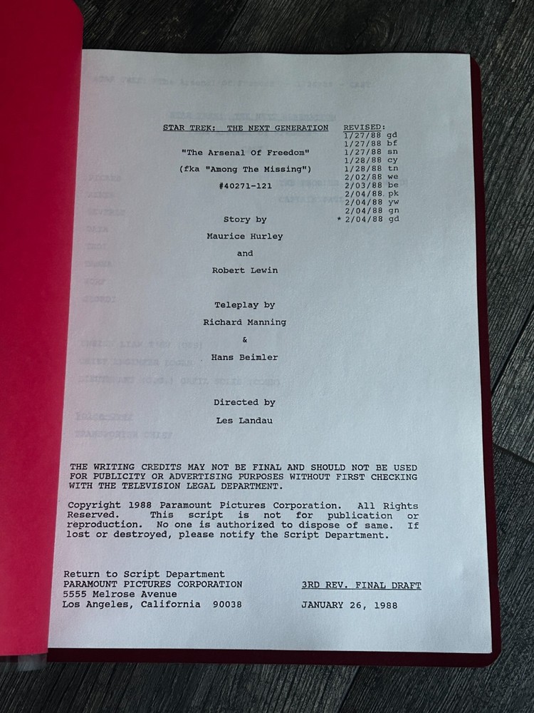 STAR TREK Script The Next Generation Arsenal Of Freedom 3rd Revision Final Draft