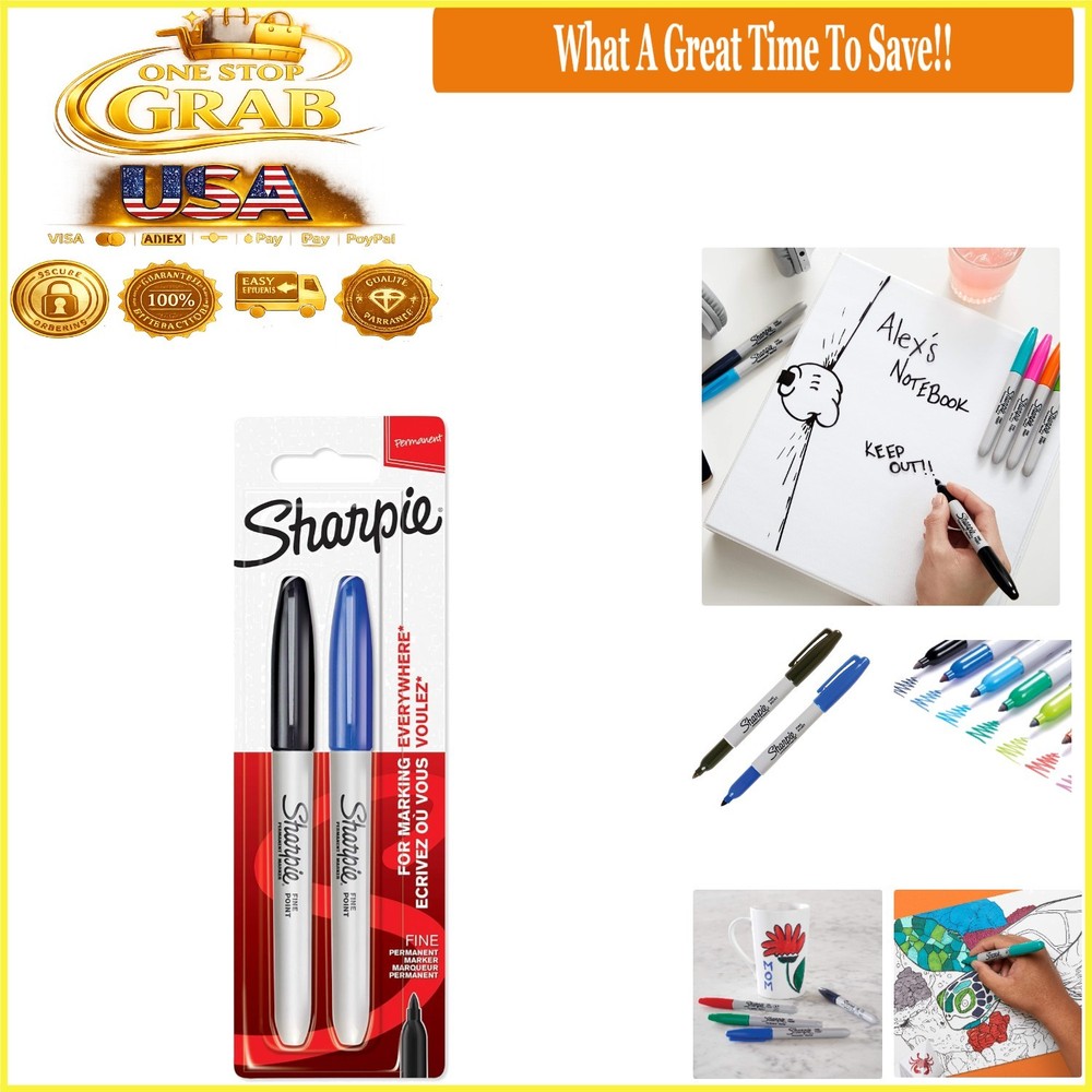 Permanent Markers Fine Tip Black & Blue 2 Pack Water Resistant Quick-Drying
