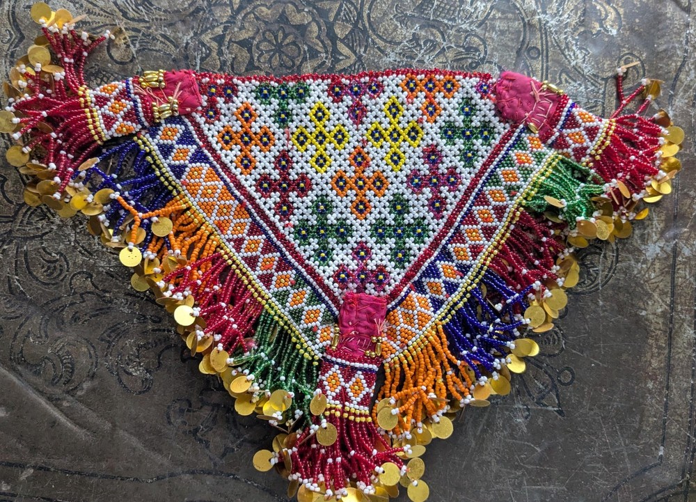 Vintage Kuchi Tribal Beaded Textile Patch Triangular 13" x 9" (19759)