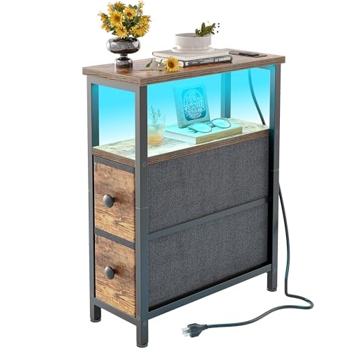 End Table with Charging Station, Narrow Side Table with 2 Fabric Rustic Brown