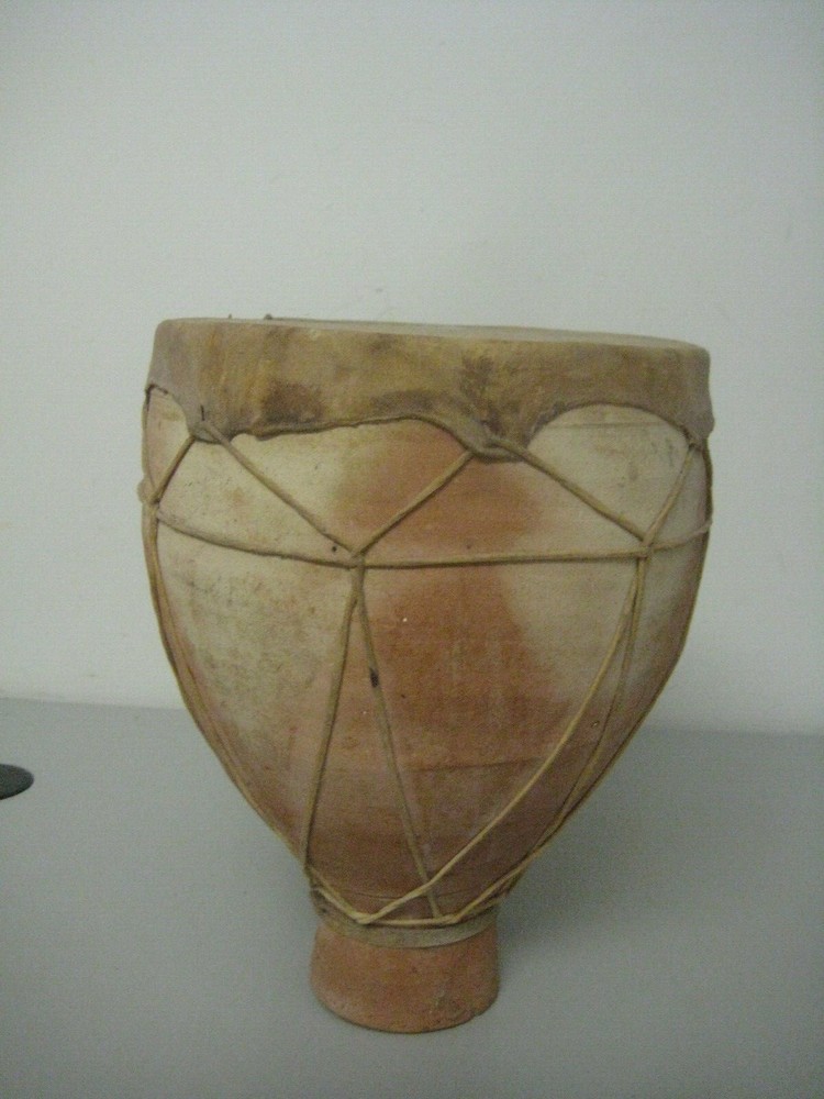 Vintage Terracotta Clay & Hide Double Bongo Drum Rustic Primitive Folk Art