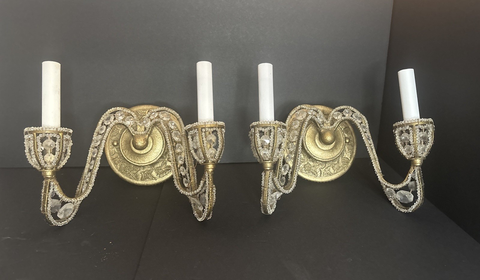 Pair Double Arm Wall Sconces Crystals Beaded Antique Style