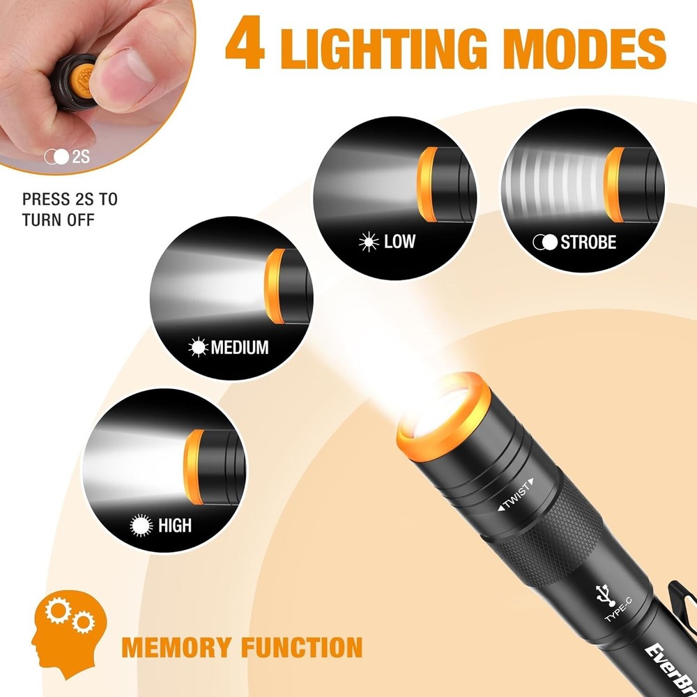 Mini Pen Light, Rechargeable Pocket Pen Flashlight with USB C Cable 4 Light Mode