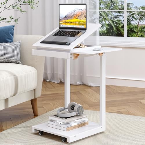 C Shaped End Table, Rolling Side Table with 4-Way C shaped table White