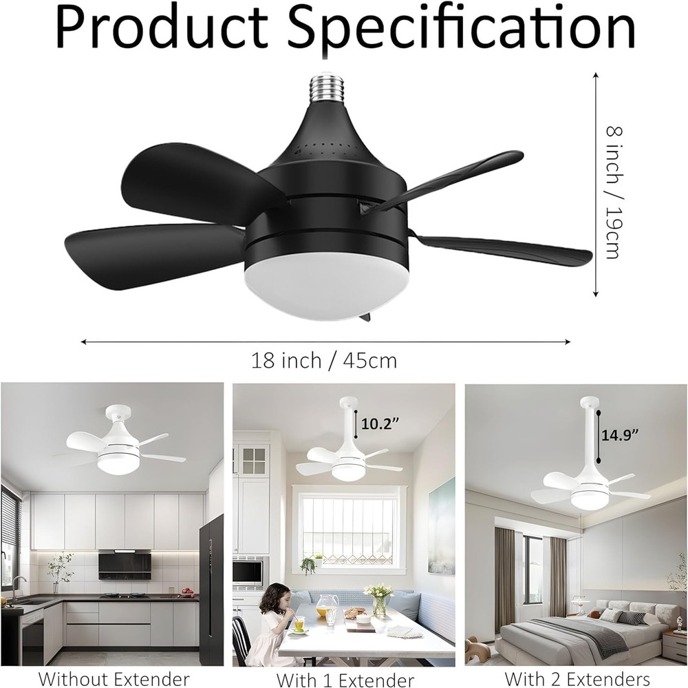 Socket Fan Light with Remote and 2 Socket Extenders, Socket Ceiling Fan Light...