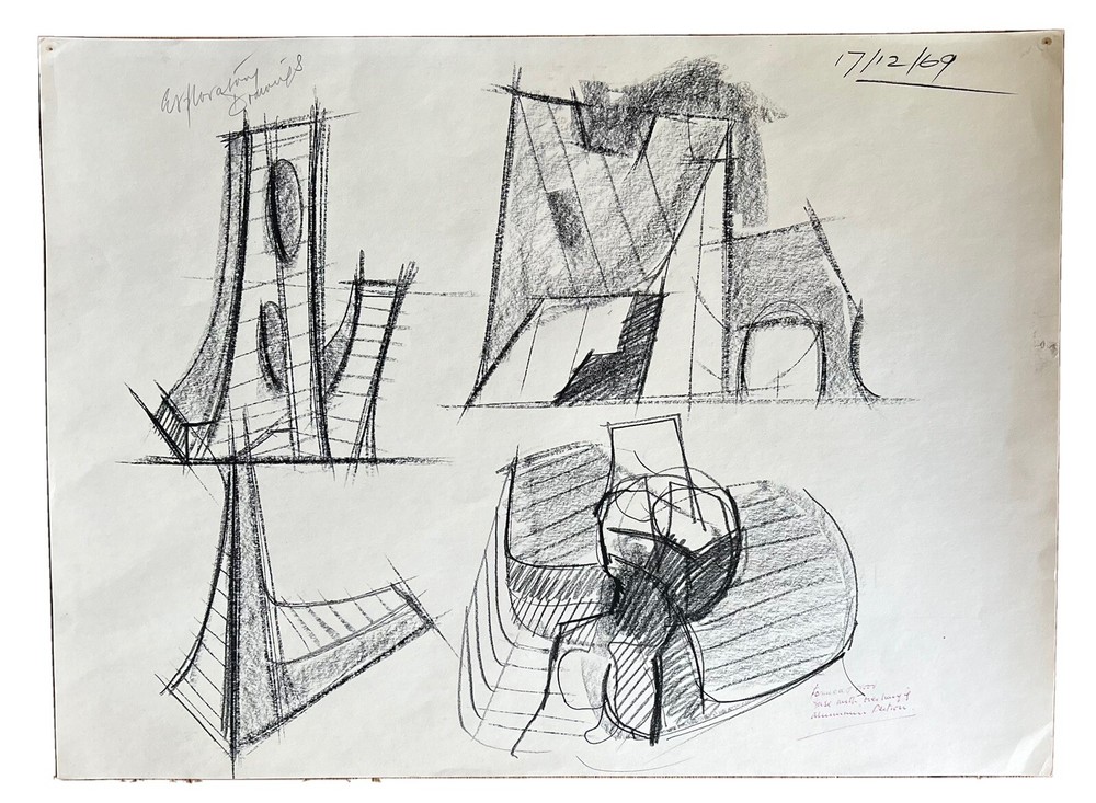 Peter Thursby Original 1969 Charcoal Drawing Study For Sculpture Signed Dated