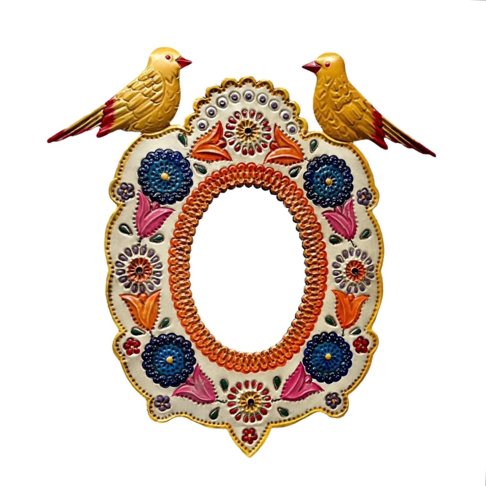 Tin MIRROR with BIRDS, Hand Painted Frame, Mexican Punched Tin, Oval Mirror 13"