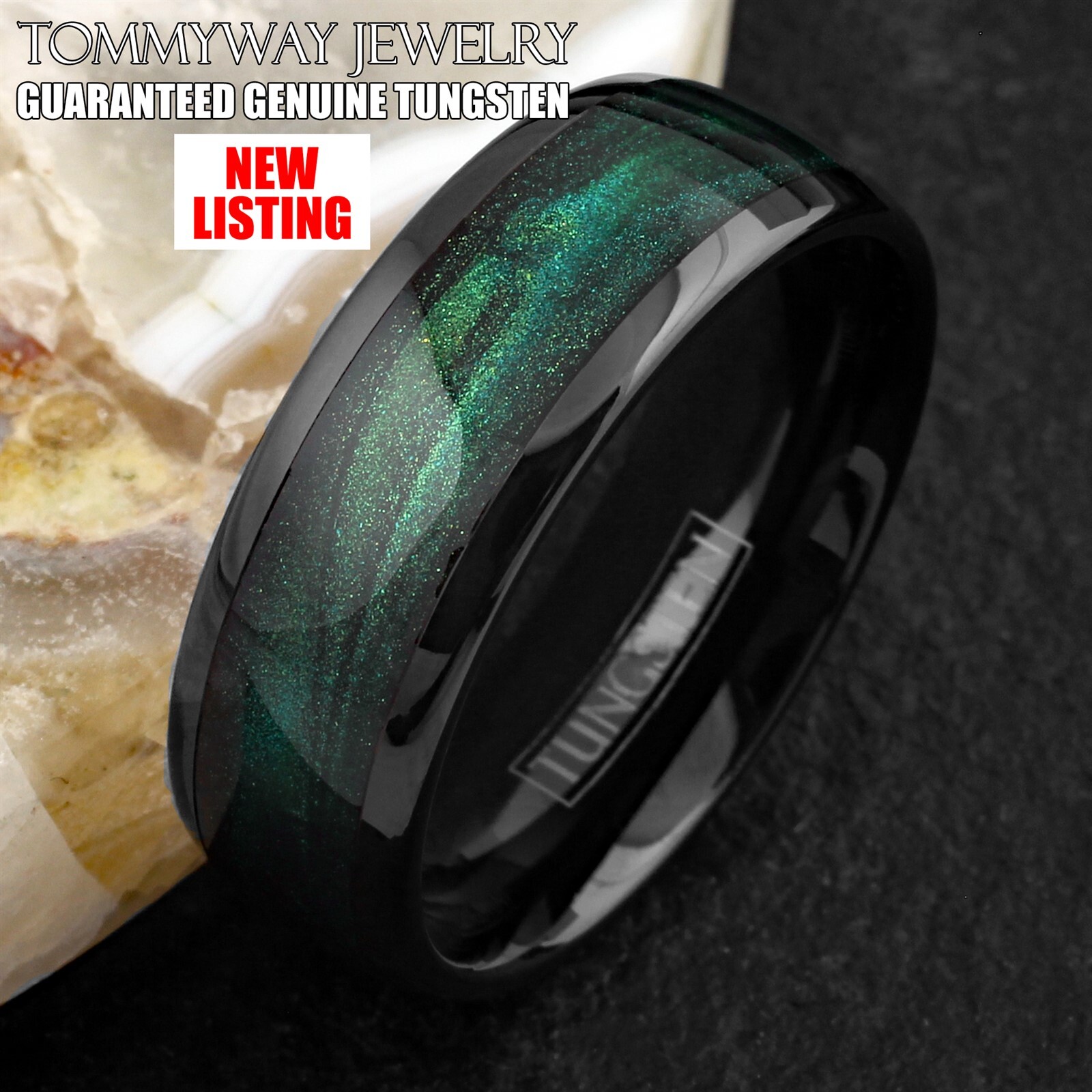 8mm Black Tungsten Carbide Emerald Green Flowing Sand Wedding Band Ring