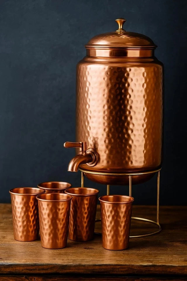 Pure Copper Hammered Water Dispenser Storage Water Tank 5 Ltr with Tap & 4 Glass