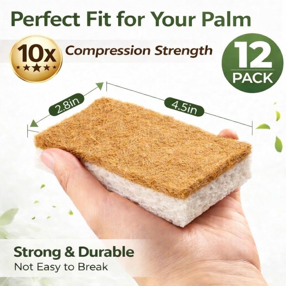 Natural Biodegradable Kitchen Sponges 12 Pack Eco-Friendly Cellulose & Coconu...