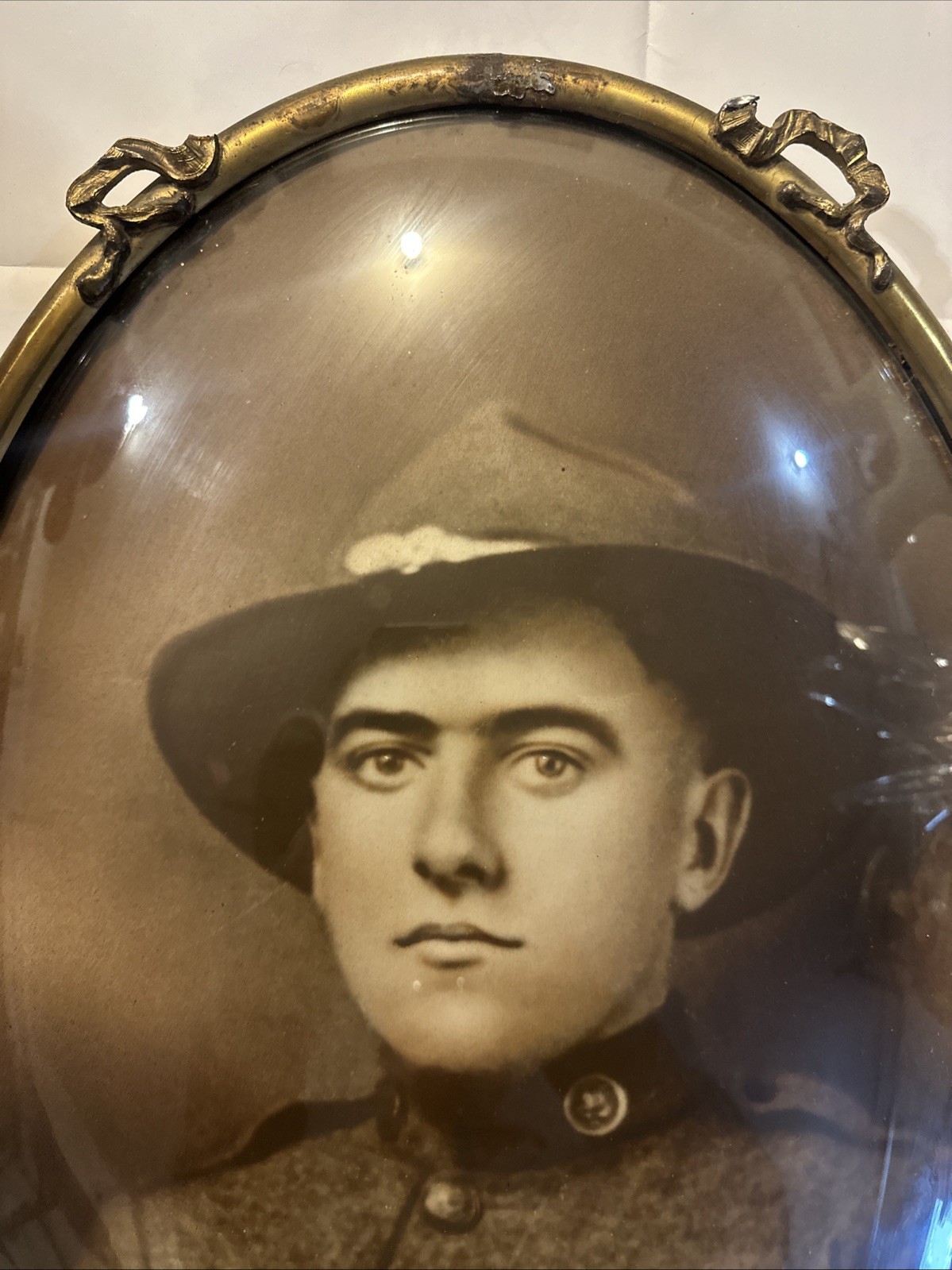 World War I WWI US ARMY SOLDIER In Bubble Glass Frame 20 Inches X 14.5 Inches