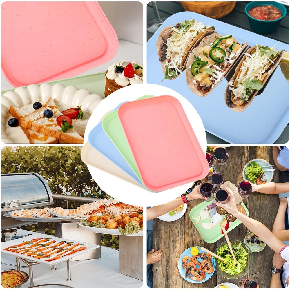 Multicolor Plastic Serving Tray 4 Pack 8.66x12 Inch Rectangular Heavy Duty