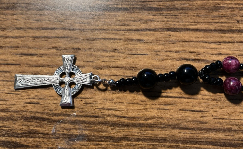 Purple & Black Agate Rosary with a 1.75 Celtic Pewter Cross L-J