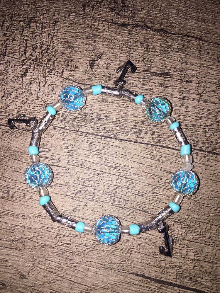 Handcrafted Beaded Stretch Bracelet, Sz M, Nautical