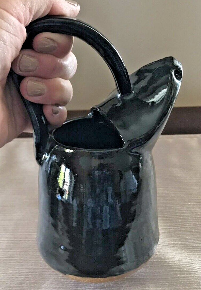Handcrafted Studio Pottery Small Black Pitcher Unique Spout 6.75"