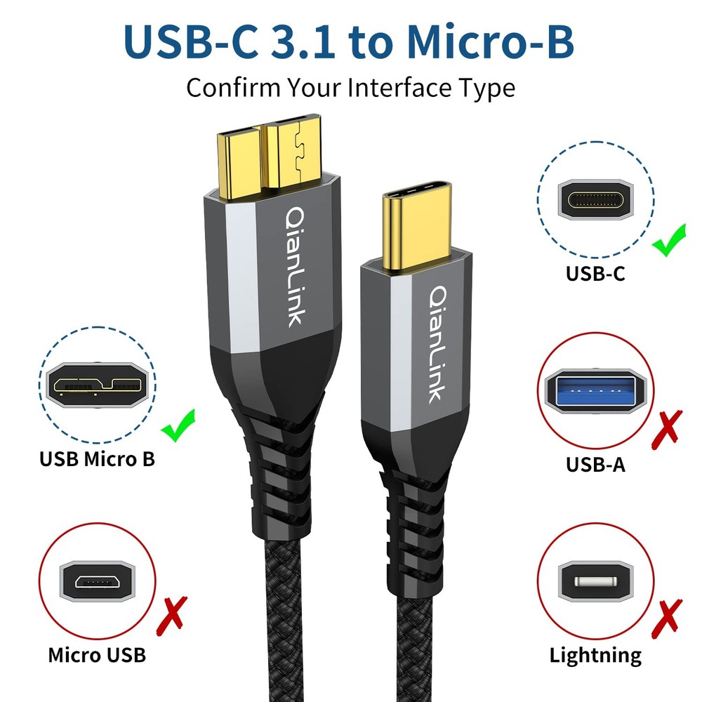 10Gbps Micro B to USB C Hard Drive Cable 1.6FT External Hard Drive Cable