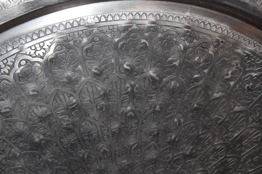 HUGE Arabic Middle Eastern Silver Metal Circular Table Top Wall Decor Engraved