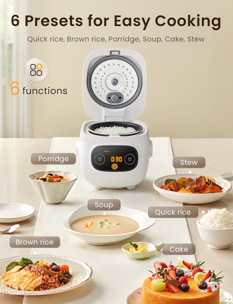 COMFEE' Mini Rice Cooker 4 Cups Cooked/2 2 Cups_Electronic White, White