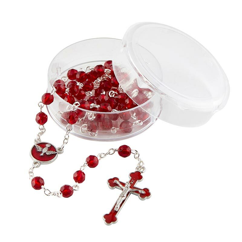 19 Inch Ruby Crystal Confirmation Rosary with Clear Case