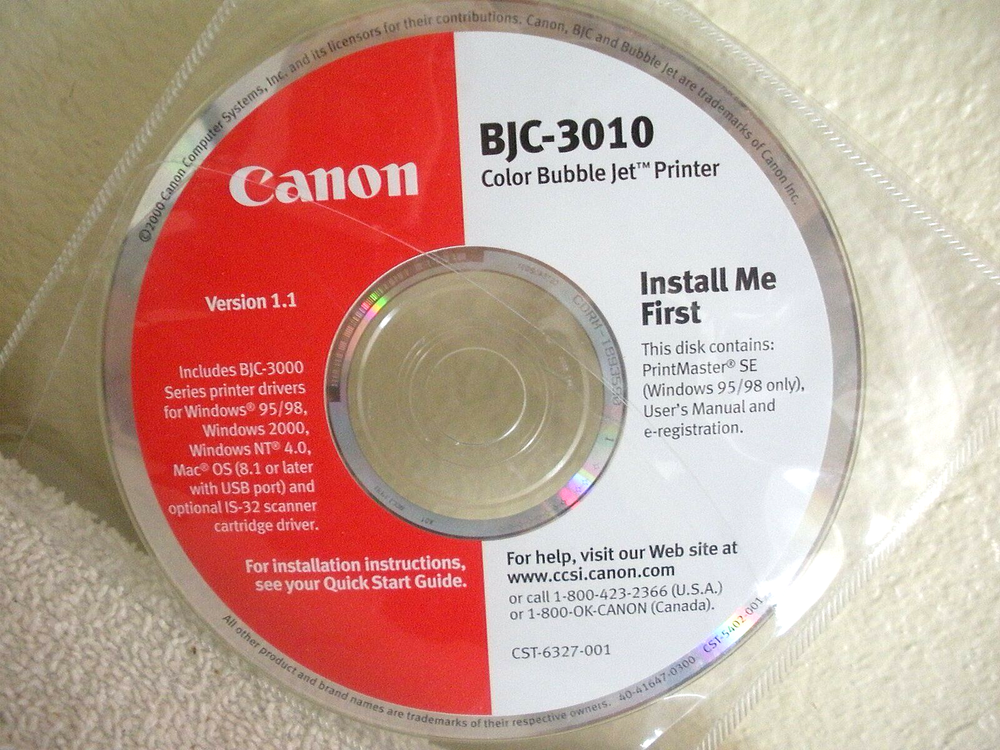 2000 CANON BJC-3010 PRINTER DRIVERS INSTALL CD + PRINTMASTER SE - Windows & Mac
