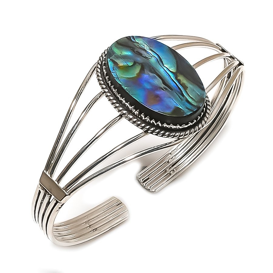 Abalone Shell Gemstone 925 Sterling Silver Cuff Bangle Adjustable C824