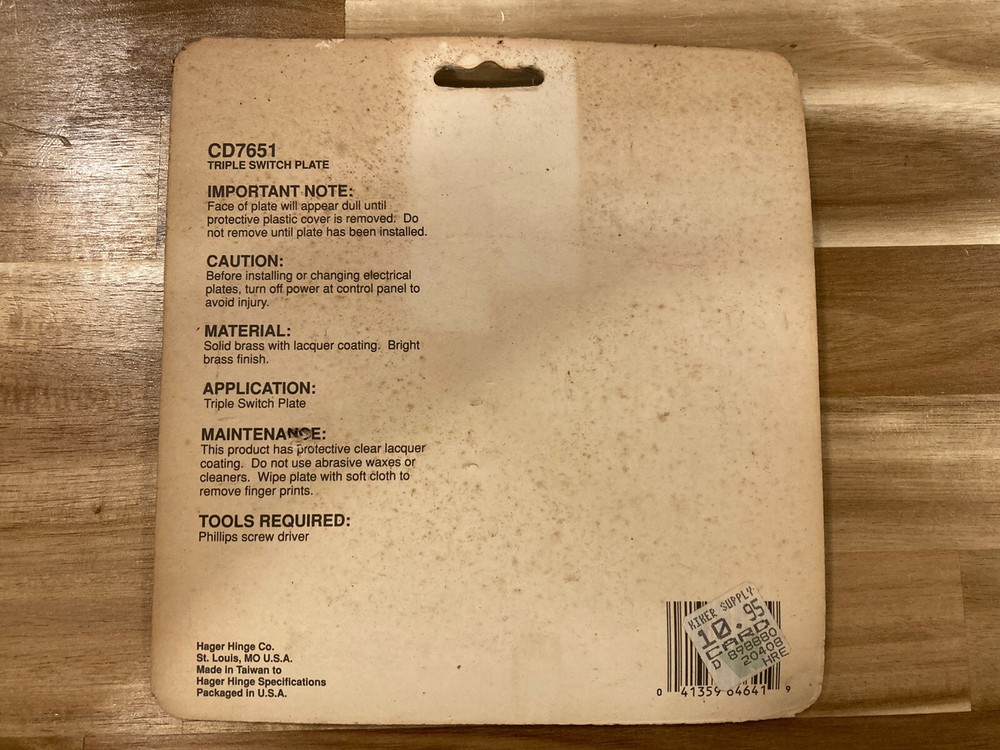 Hagger Solid Brass Triple Switch Plate CD7651. NEW. Old stock In Original Pkg