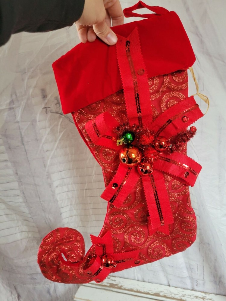 Red sparkle glitter santa stocking ornament bow Xmas tree home decor