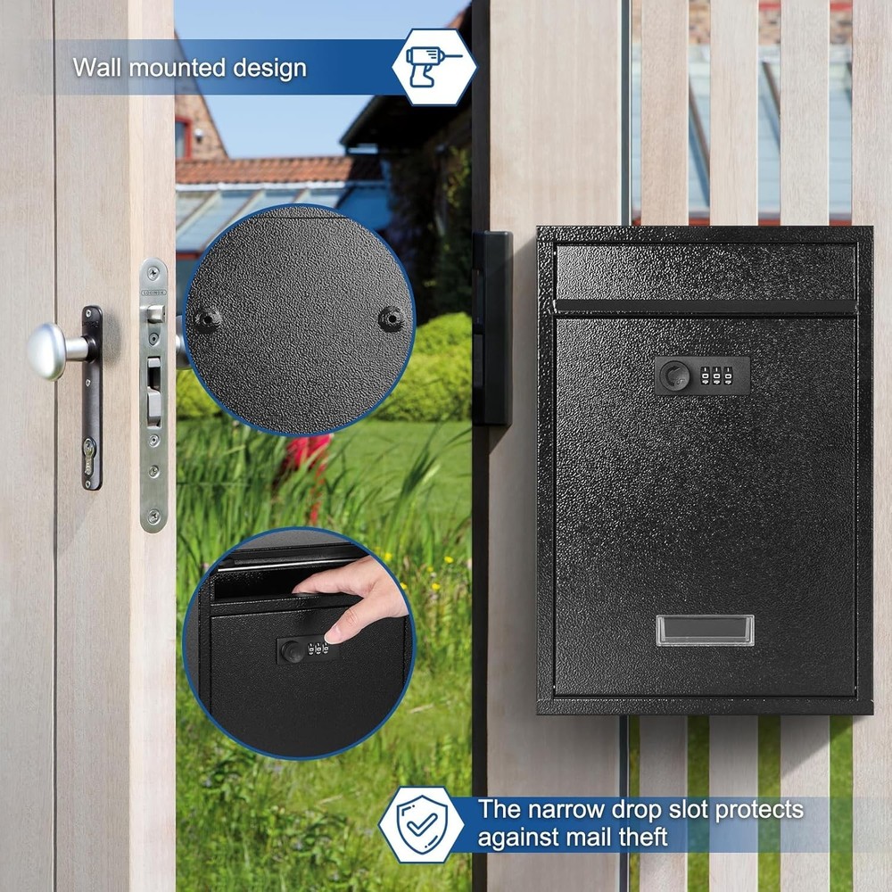 Locking Wall Mount Mailbox, Mail Boxes with Combination Lock for Outside, Sec...