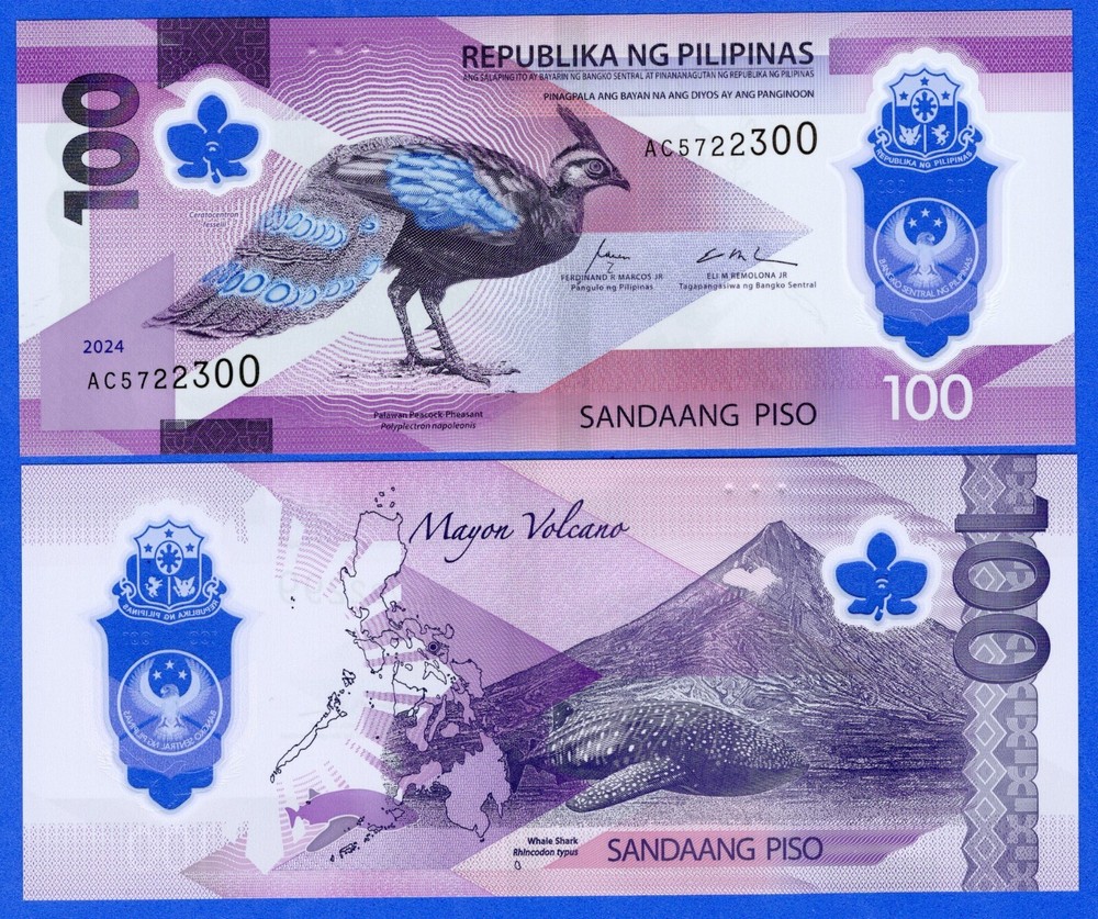 2024 Philippines 100 Piso P238 New UNC Polymer  Note - Palawan Peacock