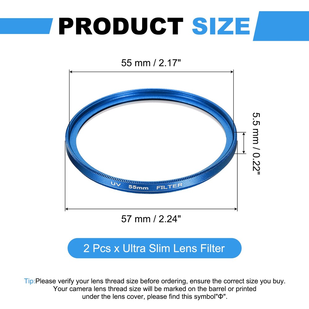 2Pcs 55mm Ultra Slim Lens Filter Multi Coating Camera Len Filter, Blue