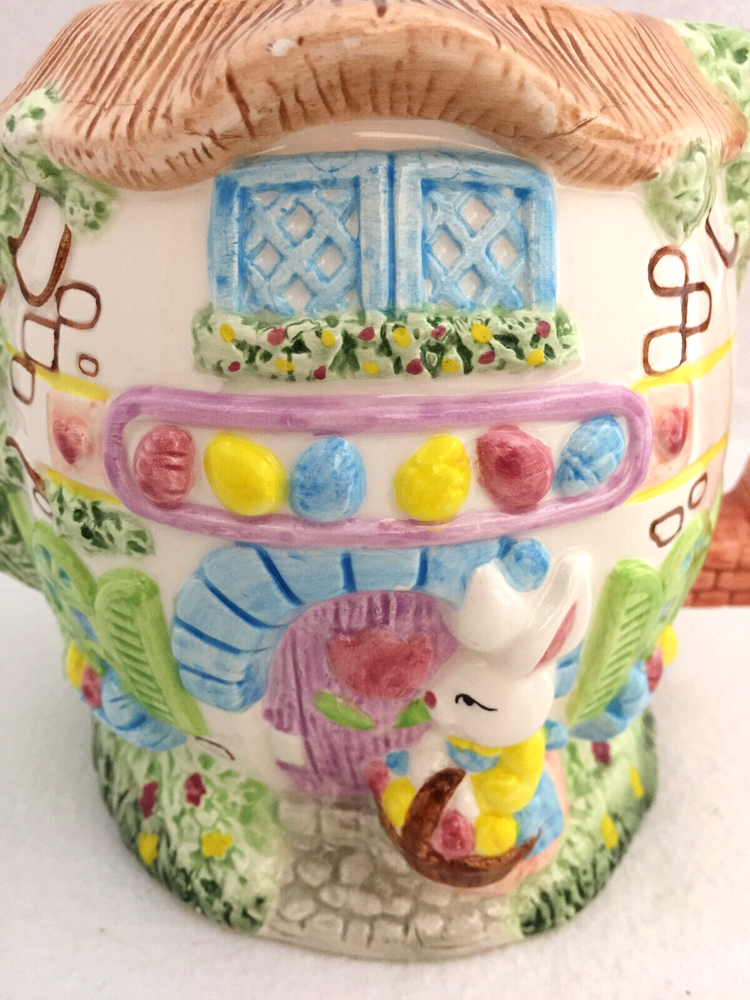 Tea Pot Easter Bunny Eggs Tree House Ceramic Bright Pastels Decorative Use Only