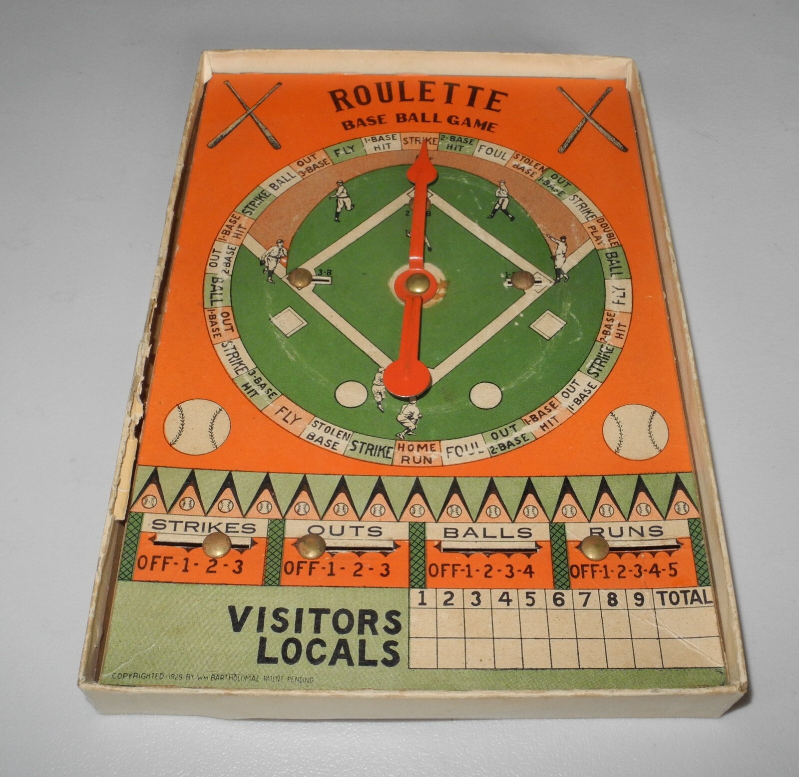 VINTAGE 1930 BASEBALL ROULETTE BOARD GAME BY BAR-ZIM TOY ORIGINAL BOX BASE BALL