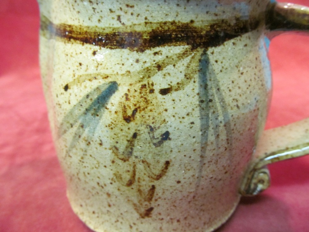 5" BROWN SPECKLE STUDIO POTTERY PITCHER WITH PAINTED PINECONE
