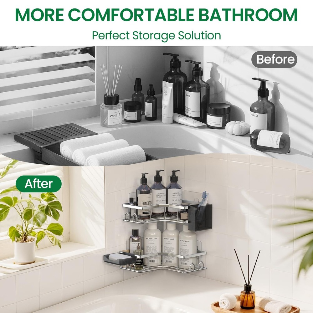 Adhesive Shower Caddy, 2 Pack Corner Bath Organizer, Rustproof Stainless Stee...