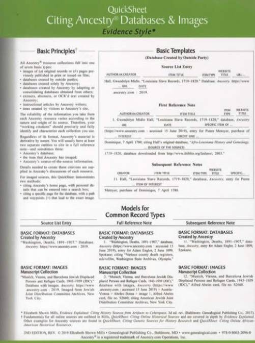 QuickSheet Guide Citing Ancestry.com Record Databases & Images Evidence Style
