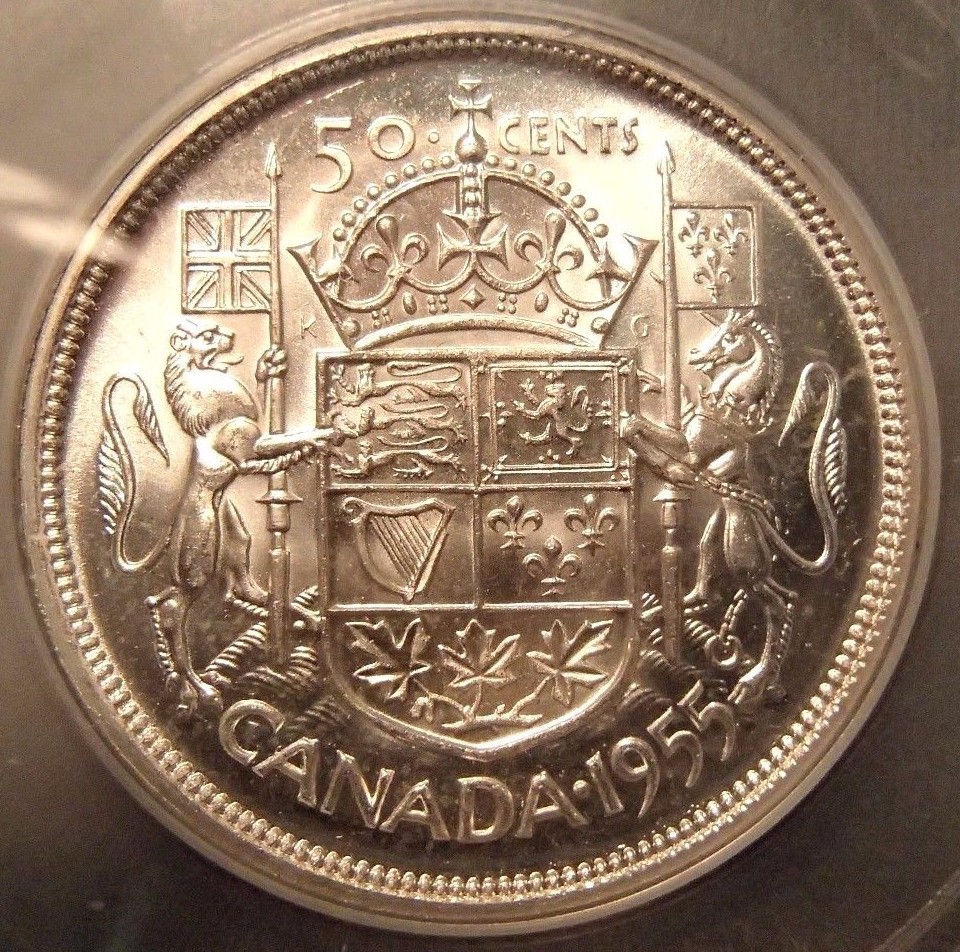 1955 ERROR CANADA SILVER HALF DOLLAR TRIPPLE DIE OBVERSE ICG-MS64