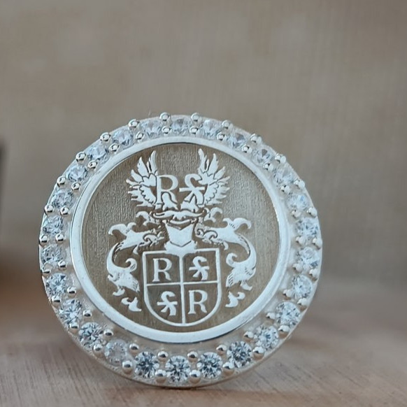 Custom Family Crest Signet Ring Sterling Silver with CZ Border Personalized Jewe