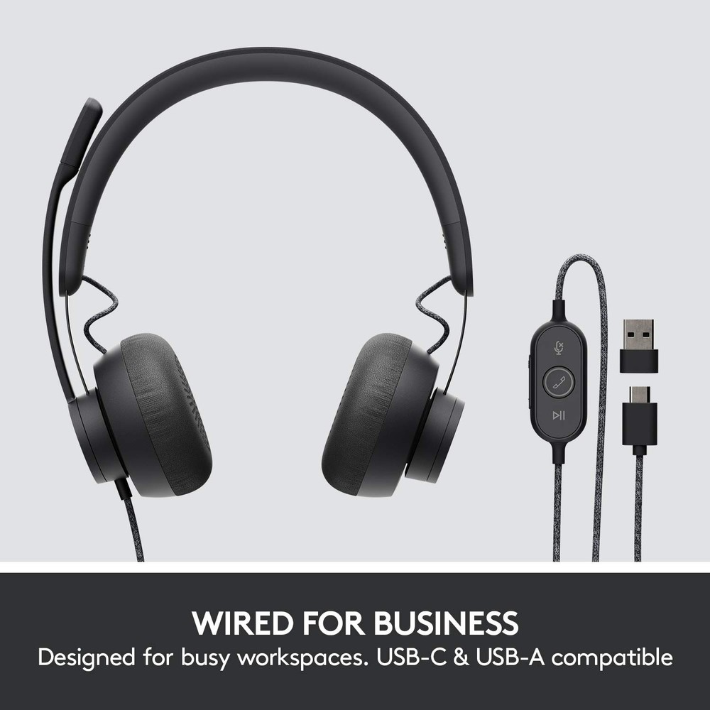 Logitech Zone Wired Noise Cancelling Headset, USB-C with USB-A Adapter - Graphit