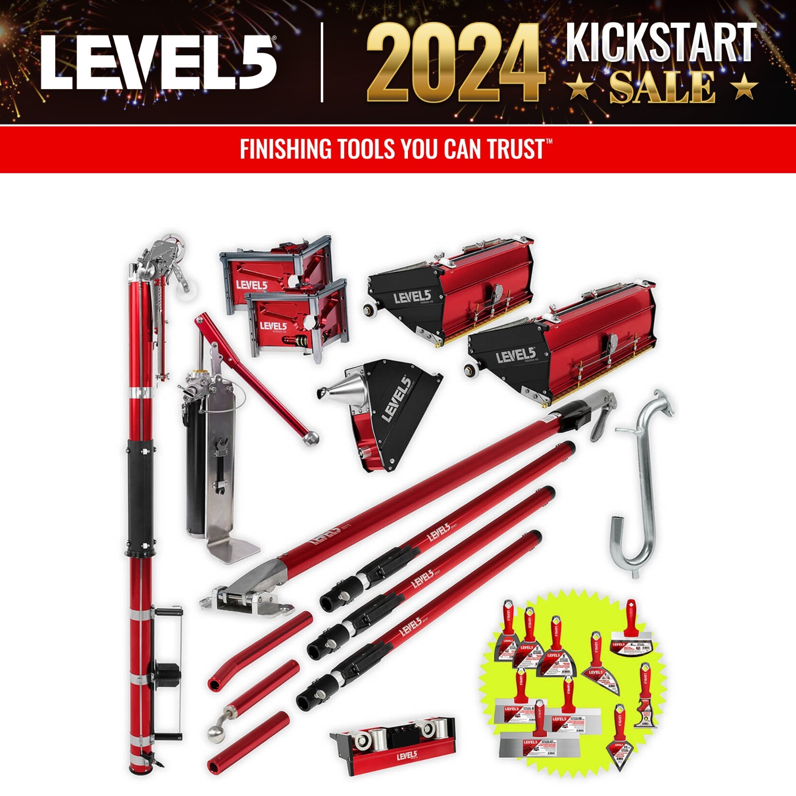 LEVEL5 Drywall Tools Set 10" 12" MEGA Box w/ Ext. Handles + BONUS TOOL | 4-625P