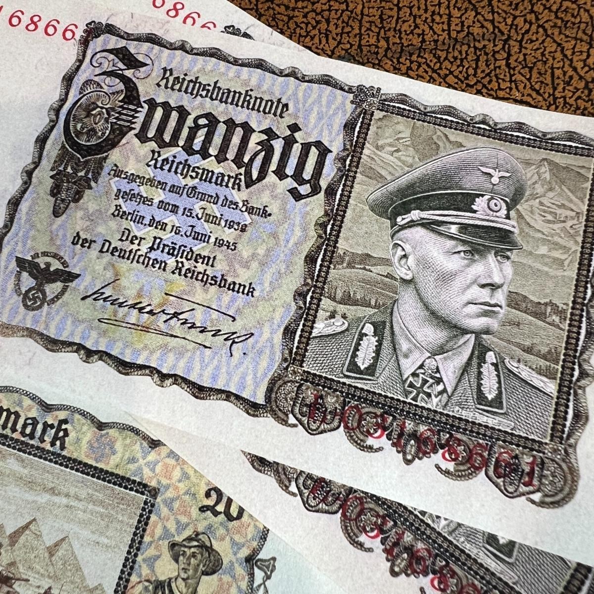 1945 Germany 5 3rd Reich set of Reichsmark banknotes. Hitler, Goebbels, Goering.